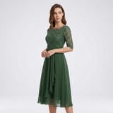 Carlena | Elegancka Sukienka Midi z Koronkową Górą i Rękawem 3/4
