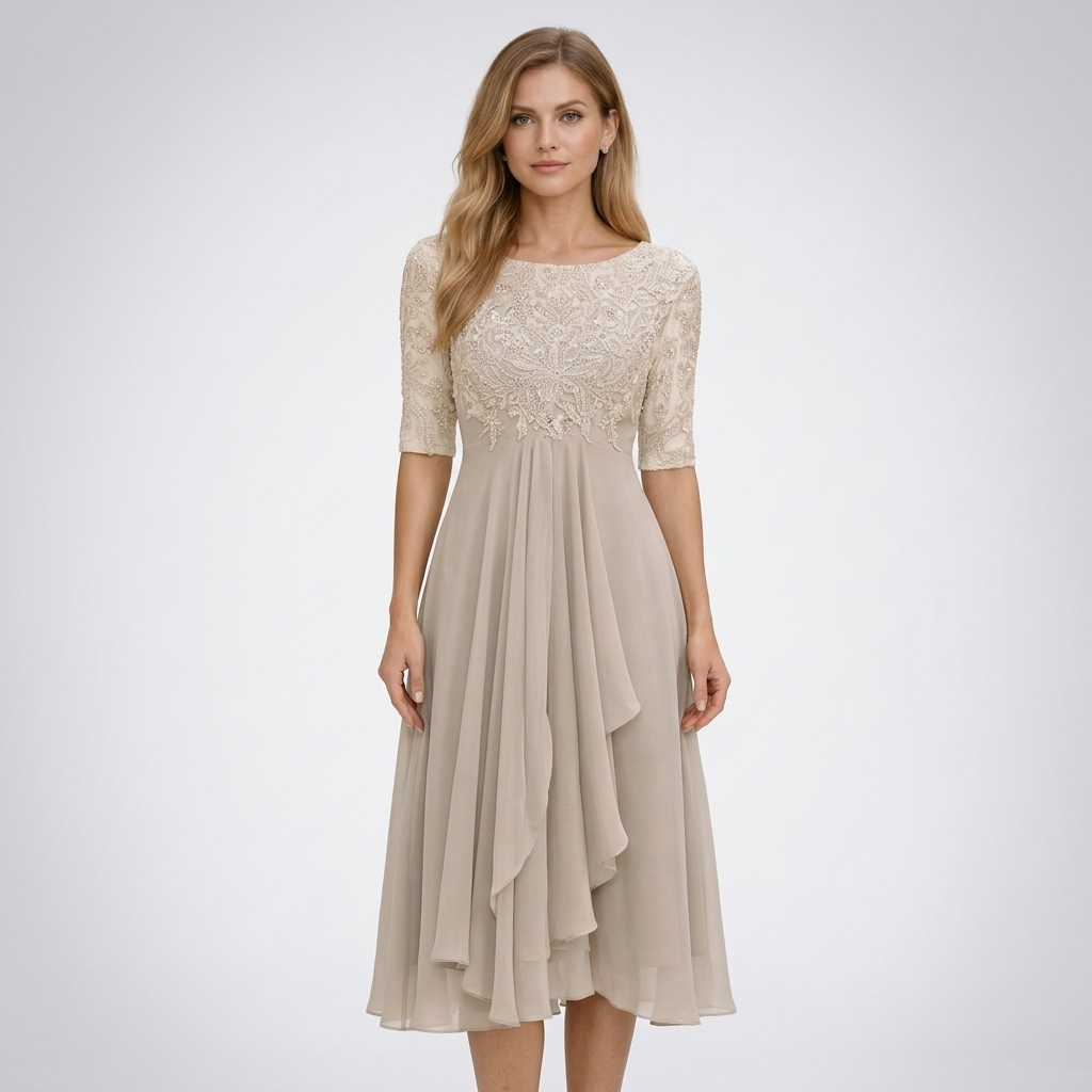 Carlena | Elegancka Sukienka Midi z Koronkową Górą i Rękawem 3/4