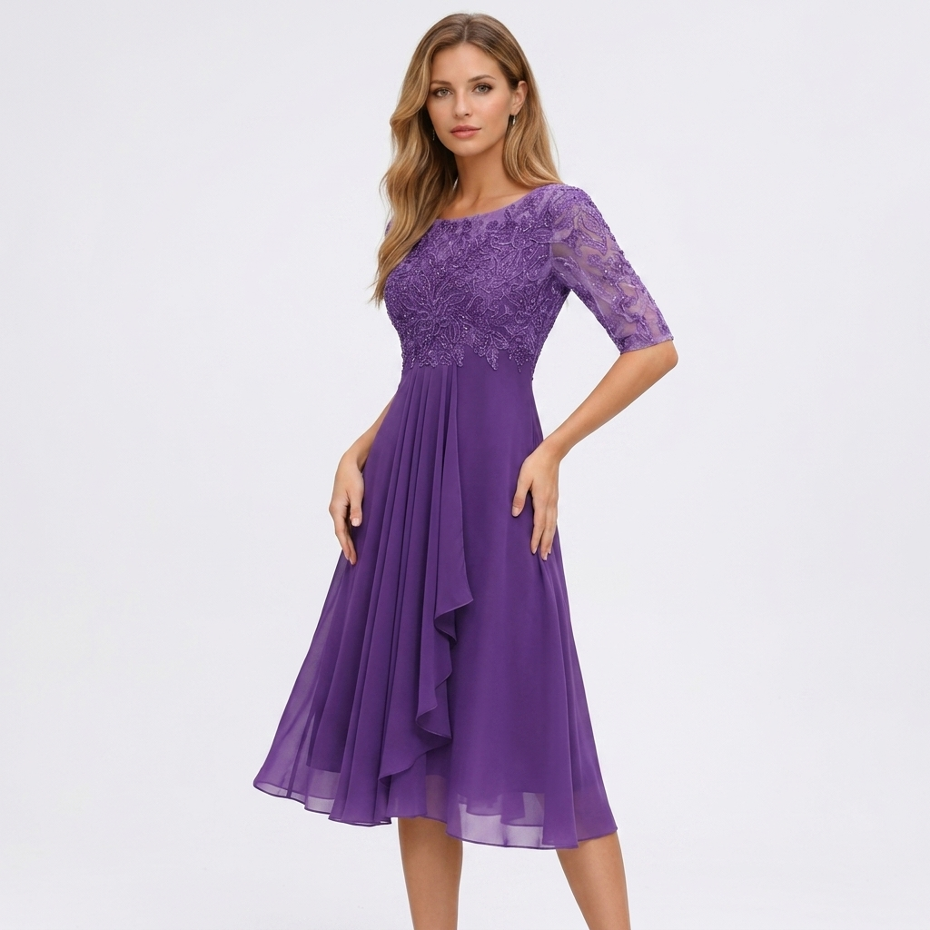 Carlena | Elegancka Sukienka Midi z Koronkową Górą i Rękawem 3/4