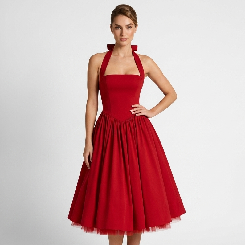 Carlena | Elegancka Sukienka Midi Halter z Rozkloszowaną Spódnicą i Kieszeniami