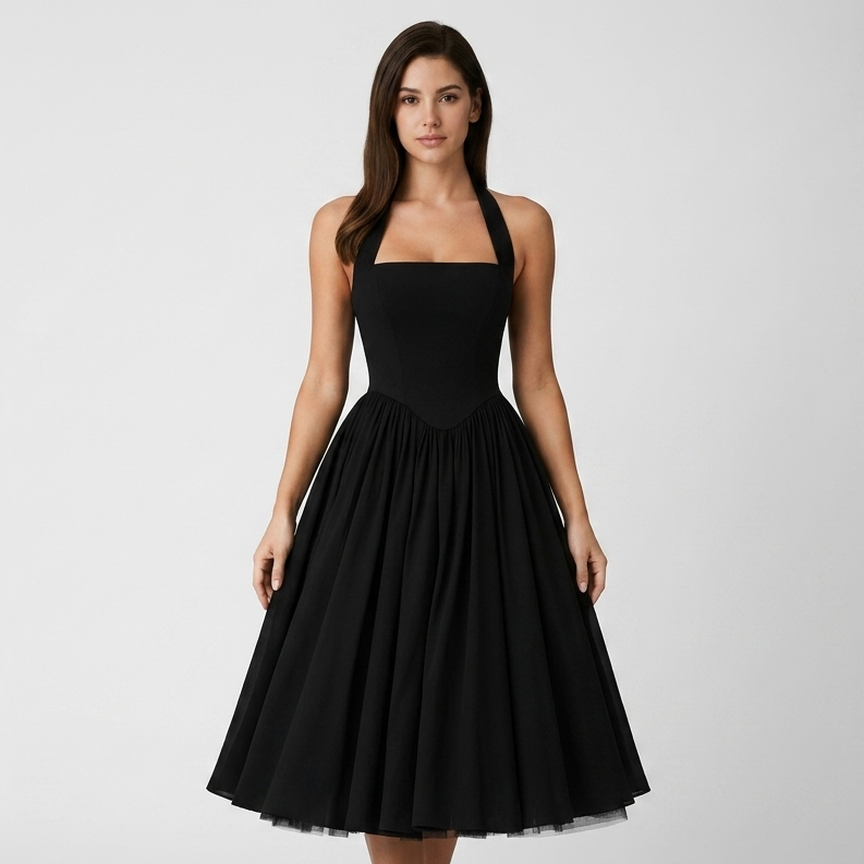 Carlena | Elegancka Sukienka Midi Halter z Rozkloszowaną Spódnicą i Kieszeniami