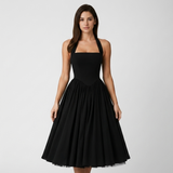 Carlena | Elegancka Sukienka Midi Halter z Rozkloszowaną Spódnicą i Kieszeniami