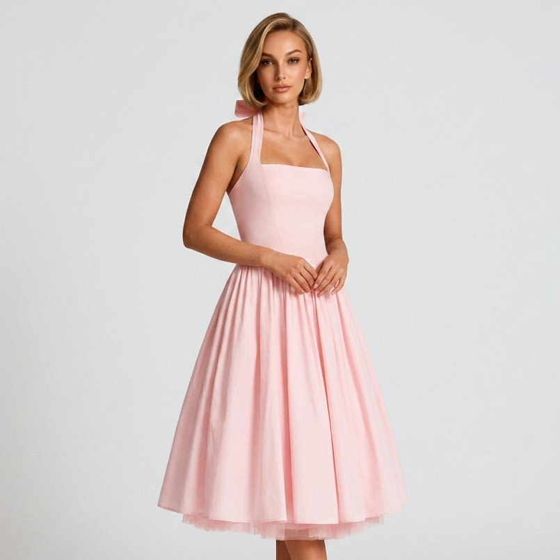 Carlena | Elegancka Sukienka Midi Halter z Rozkloszowaną Spódnicą i Kieszeniami