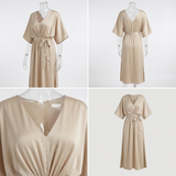 Carlena | Elegancka Sukienka Maxi z Dekoltem V, Paskiem i Rozcięciami po Bokach