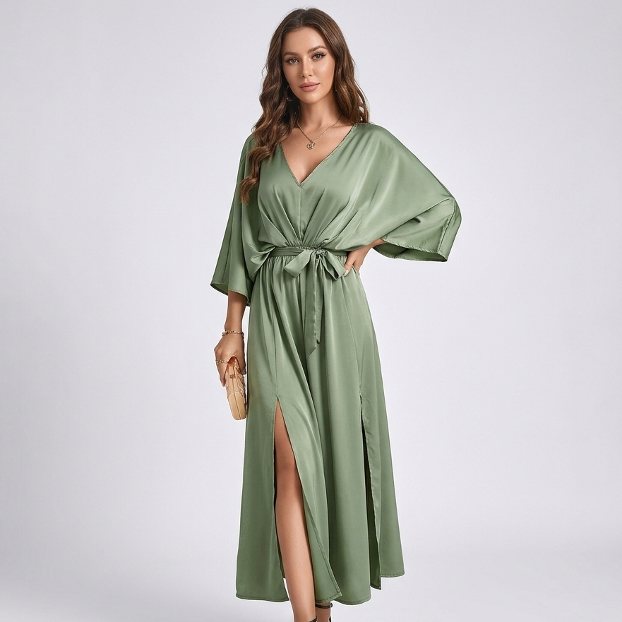Carlena | Elegancka Sukienka Maxi z Dekoltem V, Paskiem i Rozcięciami po Bokach