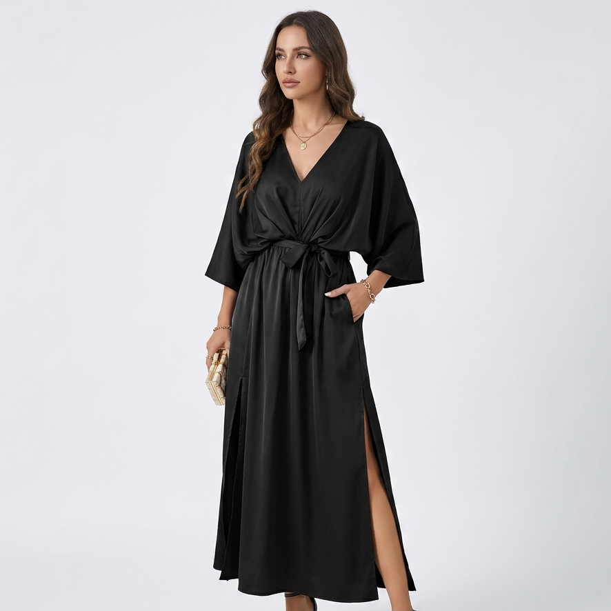 Carlena | Elegancka Sukienka Maxi z Dekoltem V, Paskiem i Rozcięciami po Bokach
