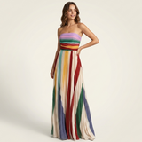 Carlena | Plisowana Sukienka Maxi Strapless w Wielokolorowe Pasy