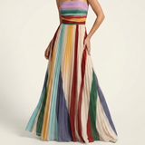Carlena | Plisowana Sukienka Maxi Strapless w Wielokolorowe Pasy