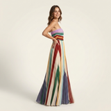 Carlena | Plisowana Sukienka Maxi Strapless w Wielokolorowe Pasy