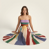 Carlena | Plisowana Sukienka Maxi Strapless w Wielokolorowe Pasy