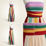 Carlena | Plisowana Sukienka Maxi Strapless w Wielokolorowe Pasy