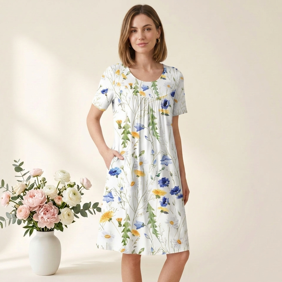 Carlena | Elegancka Bawełniana Sukienka Midi w Kwiatowy Wzór