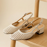 Carlena | Damskie Sandały Slingback z Plecionym Wzorem i Słupkowym Obcasem