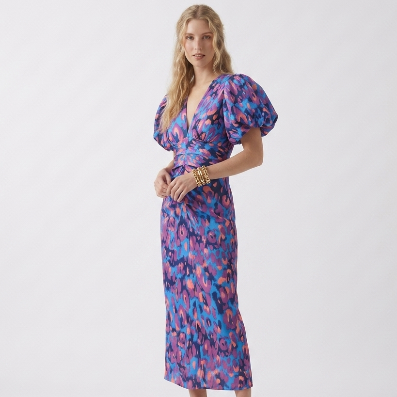 Carlena | Damska Sukienka Letnia V-Neck z Pofowanymi Rękawami