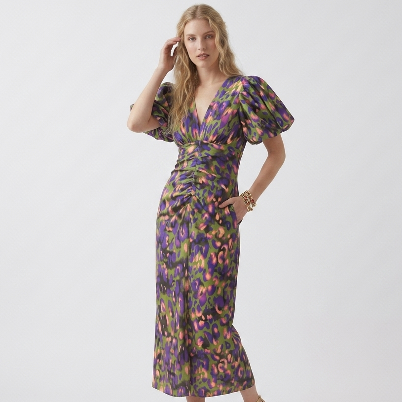 Carlena | Damska Sukienka Letnia V-Neck z Pofowanymi Rękawami