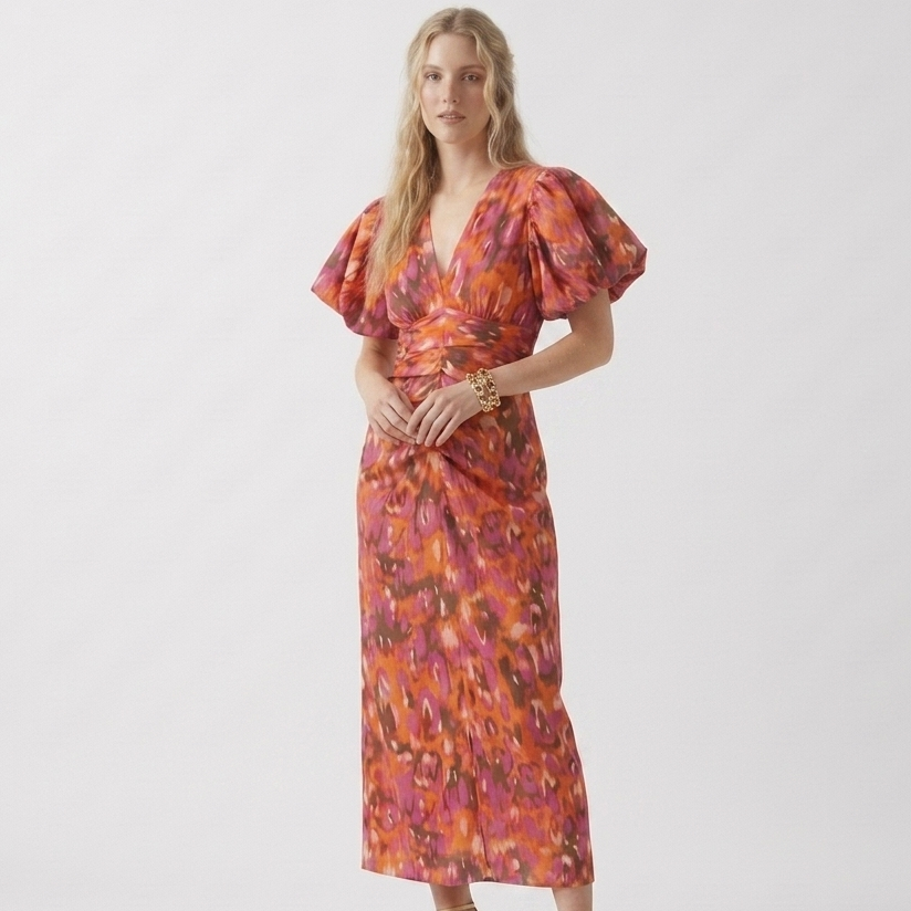Carlena | Damska Sukienka Letnia V-Neck z Pofowanymi Rękawami