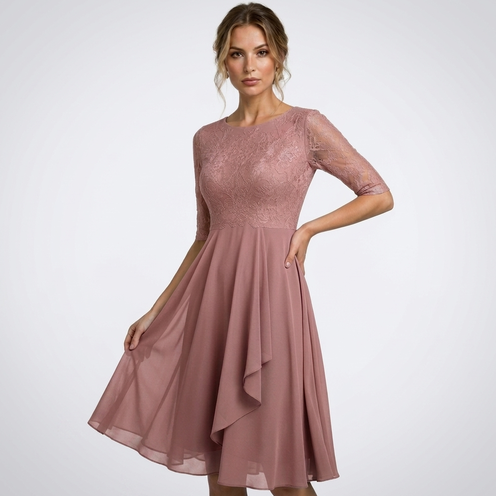 Carlena | Elegancka Sukienka Wizytowa z Koronką i Rękawem 3/4