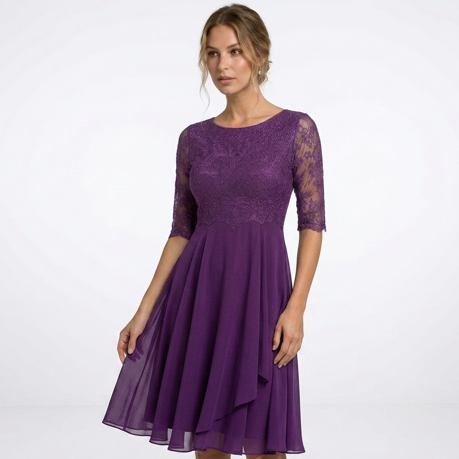 Carlena | Elegancka Sukienka Wizytowa z Koronką i Rękawem 3/4