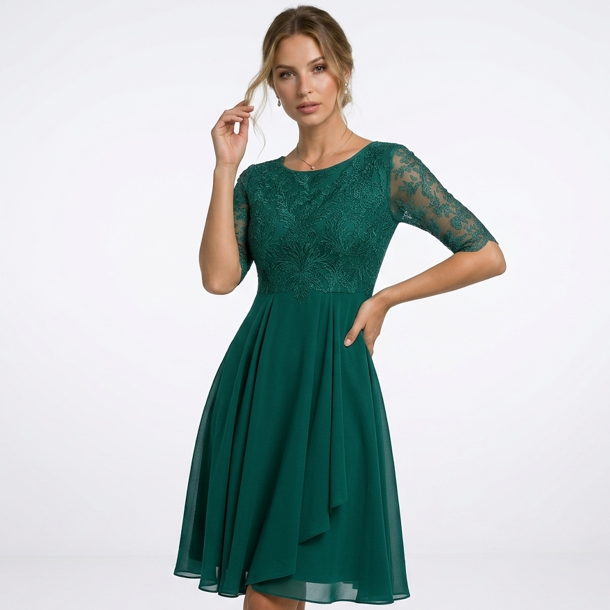 Carlena | Elegancka Sukienka Wizytowa z Koronką i Rękawem 3/4