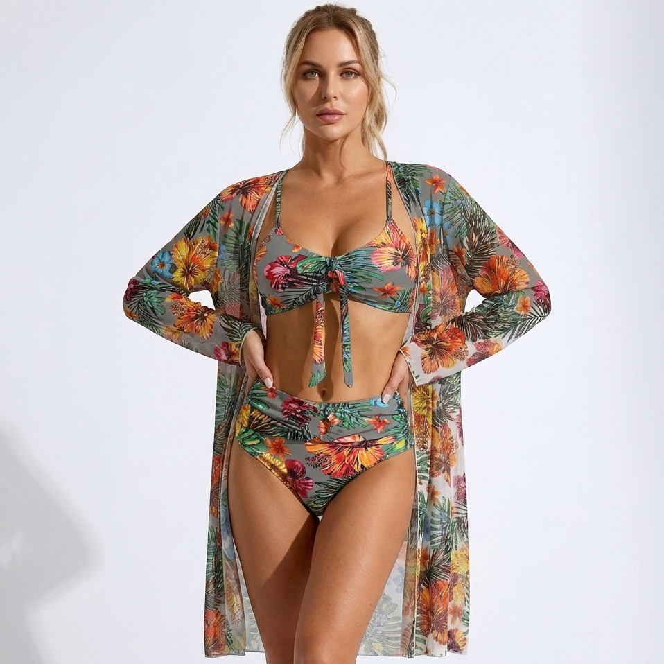 Carlena | Damskie Bikini z Kwiatowym Wzorem i Narzutką Plażową