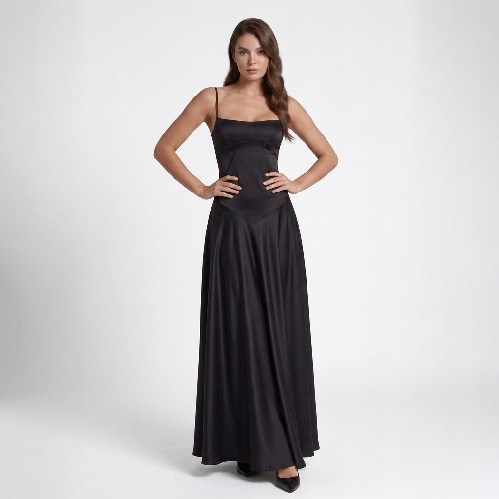 Carlena | Elegancka Satynowa Sukienka Maxi z Kwadratowym Dekoltem
