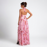 Carlena | Sukienka Maxi w Kwiatowy Print z Falbanami i Dekoltem Halter
