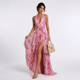 Carlena | Sukienka Maxi w Kwiatowy Print z Falbanami i Dekoltem Halter