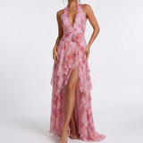 Carlena | Sukienka Maxi w Kwiatowy Print z Falbanami i Dekoltem Halter