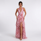 Carlena | Sukienka Maxi w Kwiatowy Print z Falbanami i Dekoltem Halter