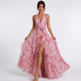 Carlena | Sukienka Maxi w Kwiatowy Print z Falbanami i Dekoltem Halter