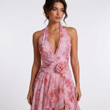 Carlena | Sukienka Maxi w Kwiatowy Print z Falbanami i Dekoltem Halter