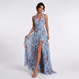 Carlena | Sukienka Maxi w Kwiatowy Print z Falbanami i Dekoltem Halter