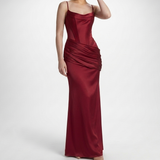 Carlena | Elegancka Satynowa Sukienka Maxi z Gorsetem i Drapowaniem