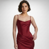 Carlena | Elegancka Satynowa Sukienka Maxi z Gorsetem i Drapowaniem