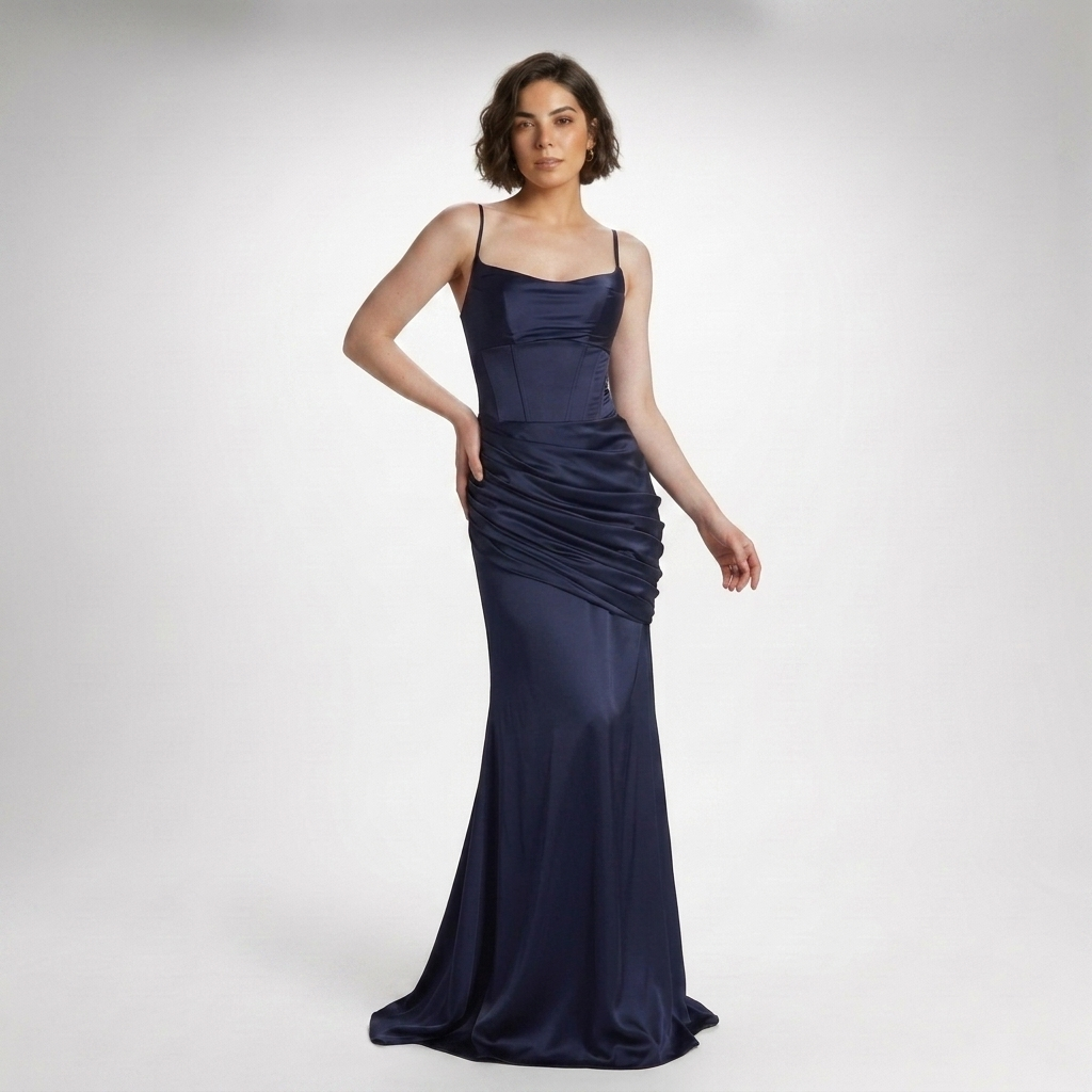 Carlena | Elegancka Satynowa Sukienka Maxi z Gorsetem i Drapowaniem