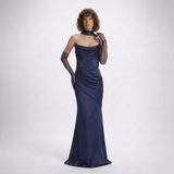 Carlena | Elegancka Satynowa Suknia Maxi z Gorsetem i Dekoltem Cowl