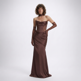 Carlena | Elegancka Satynowa Suknia Maxi z Gorsetem i Dekoltem Cowl