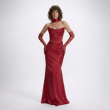 Carlena | Elegancka Satynowa Suknia Maxi z Gorsetem i Dekoltem Cowl