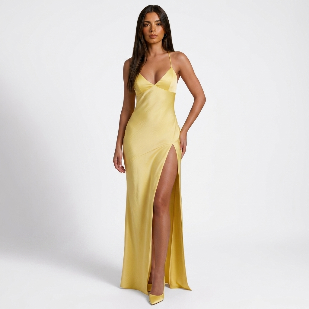 Carlena | Elegancka Satynowa Sukienka Maxi z Głębokim Dekoltem i Rozcięciem