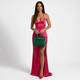 Carlena | Elegancka Satynowa Sukienka Maxi z Głębokim Dekoltem i Rozcięciem