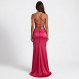 Carlena | Elegancka Satynowa Sukienka Maxi z Głębokim Dekoltem i Rozcięciem