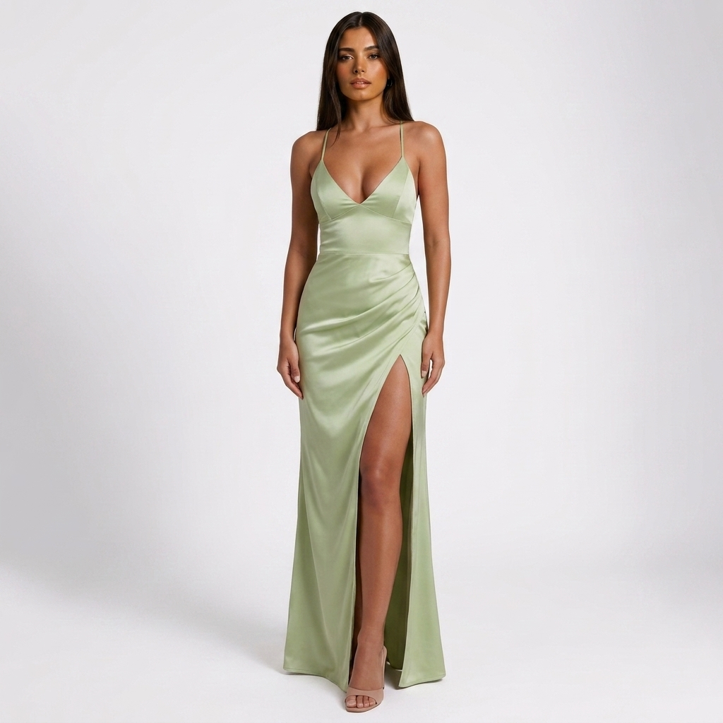 Carlena | Elegancka Satynowa Sukienka Maxi z Głębokim Dekoltem i Rozcięciem