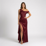 Carlena | Elegancka Satynowa Sukienka Maxi na Jedno Ramię z Rozcięciem