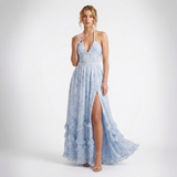 Carlena | Elegancka Kwiatowa Sukienka Maxi Halter z Perłami i Rozcięciem