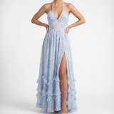 Carlena | Elegancka Kwiatowa Sukienka Maxi Halter z Perłami i Rozcięciem