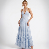 Carlena | Elegancka Kwiatowa Sukienka Maxi Halter z Perłami i Rozcięciem