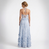 Carlena | Elegancka Kwiatowa Sukienka Maxi Halter z Perłami i Rozcięciem