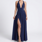Carlena | Elegancka Sukienka Maxi Halter z Głębokim Dekoltem i Rozcięciem