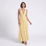 Carlena | Elegancka Sukienka Maxi Halter z Głębokim Dekoltem i Rozcięciem