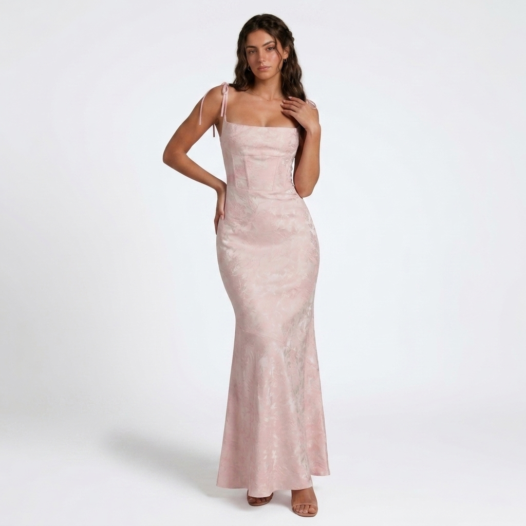 Carlena | Elegancka Żakardowa Sukienka Maxi w Kwiatowy Wzór z Wiązanymi Ramiączkami